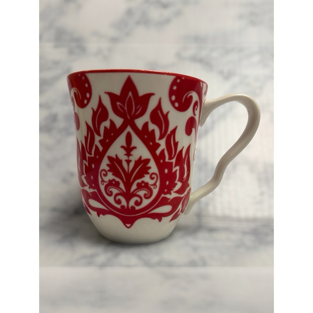 222 Fifth Muse Red Coffee Tea Mug Cup Discontinued Damascus Pattern EUC